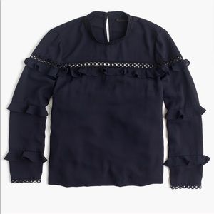 Navy Blouse Tiered Ruffle Top Scallop Lace Trim